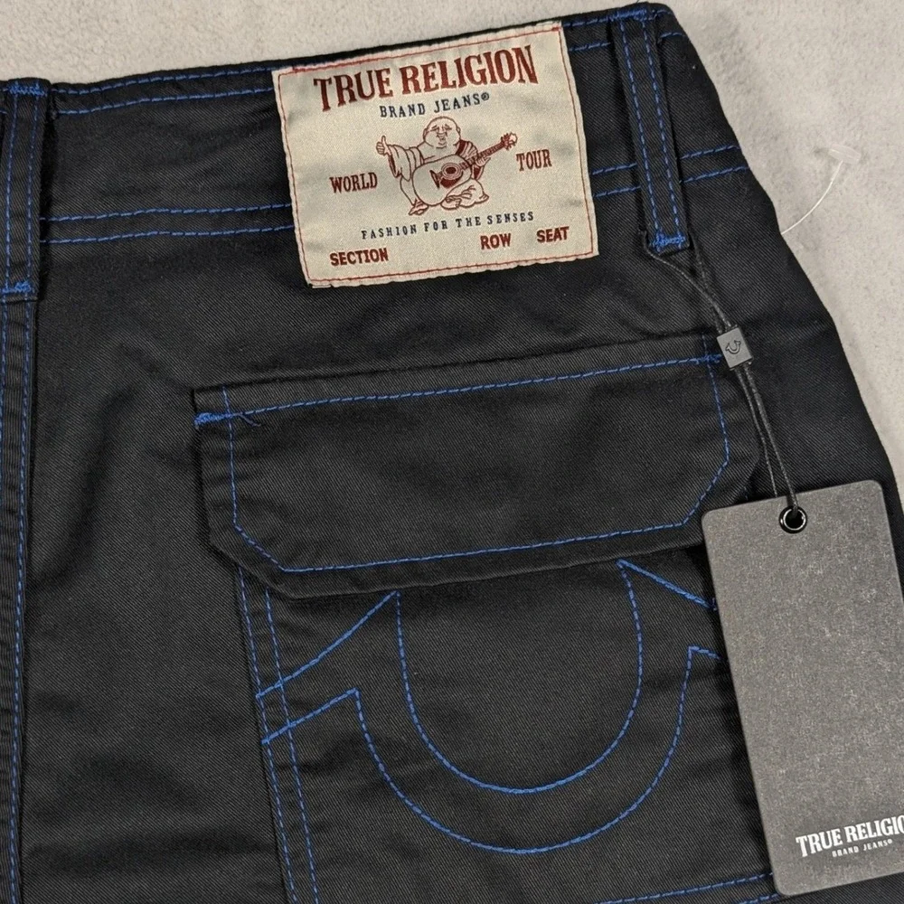 NEW True Religion Mens Cargo Pants Jet Black Pacific Blue Stitching Size 36
